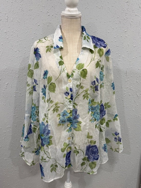 Dress Barn Tops - Dress Barn White Sheer‎ Floral Button-Up Blouse Flare Sleeves Size XL Y2K